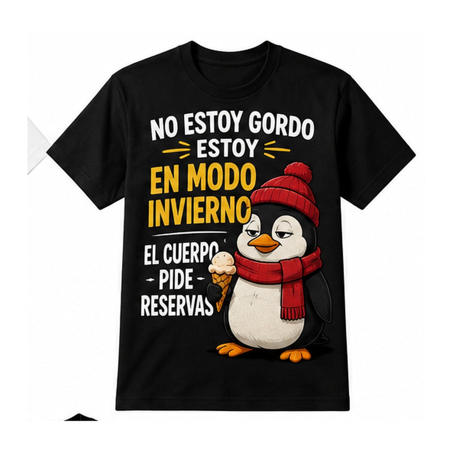 T-shirt nera con pinguino e scritta No estoy gordo, estoy en modo invierno