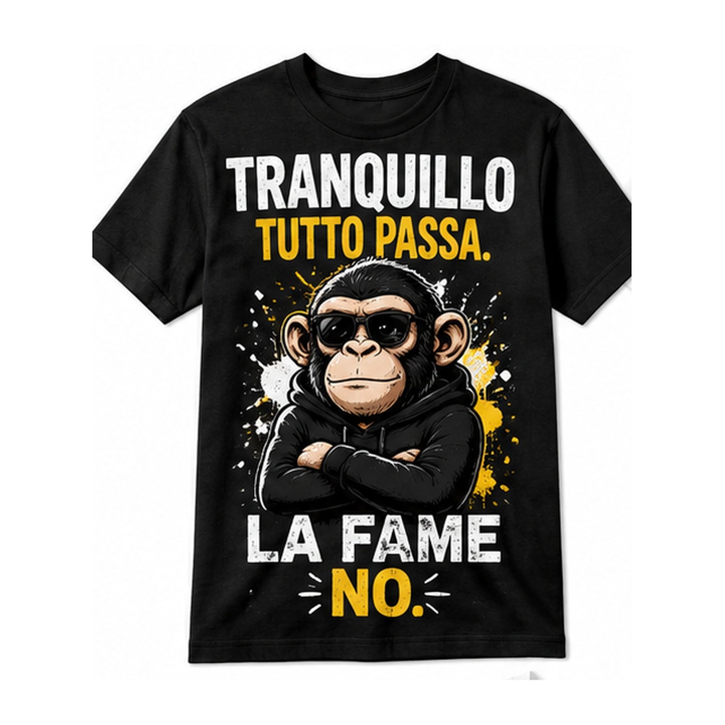 T-shirt nera con scimmia e scritta Tranquillo tutto passa, la fame no