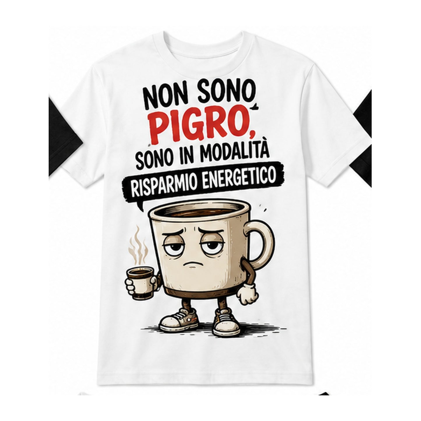 T-shirt bianca con tazza di caffè e scritta Non sono pigro, sono in modalità risparmio energetico