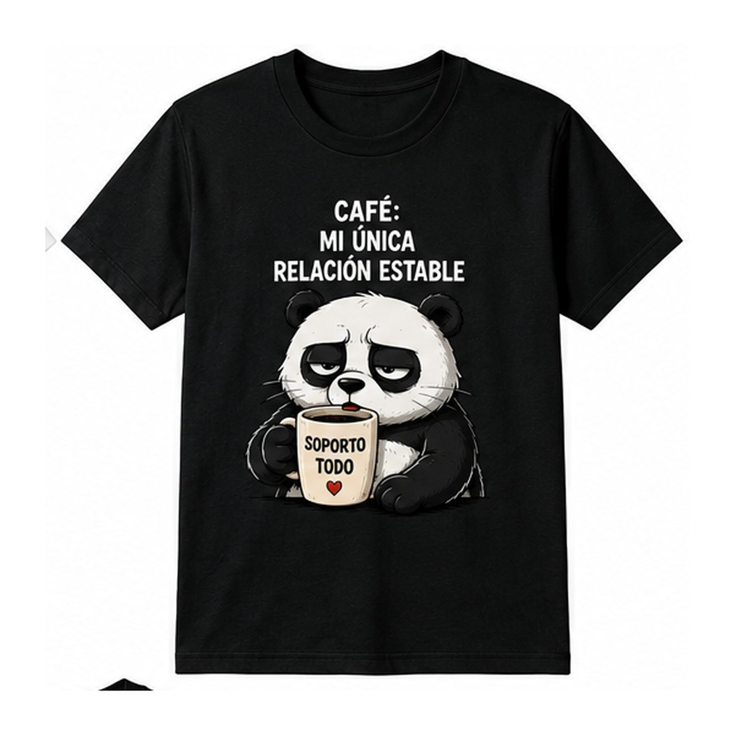 T-shirt nera con panda e tazza, scritta Café mi única relación estable