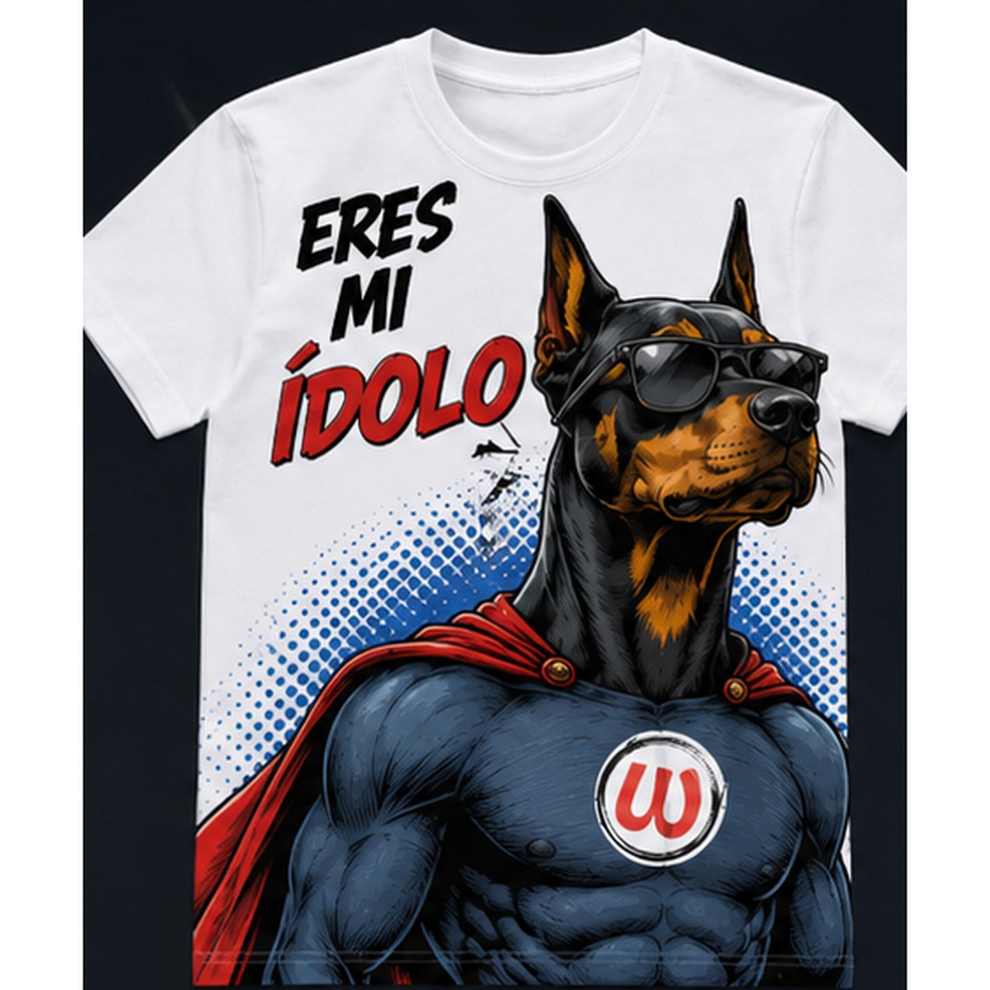 Maglietta bianca con doberman supereroe e scritta Eres mi ídolo