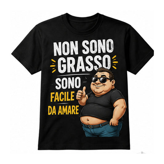 T-shirt nera con scritta Non sono grasso, sono facile da amare