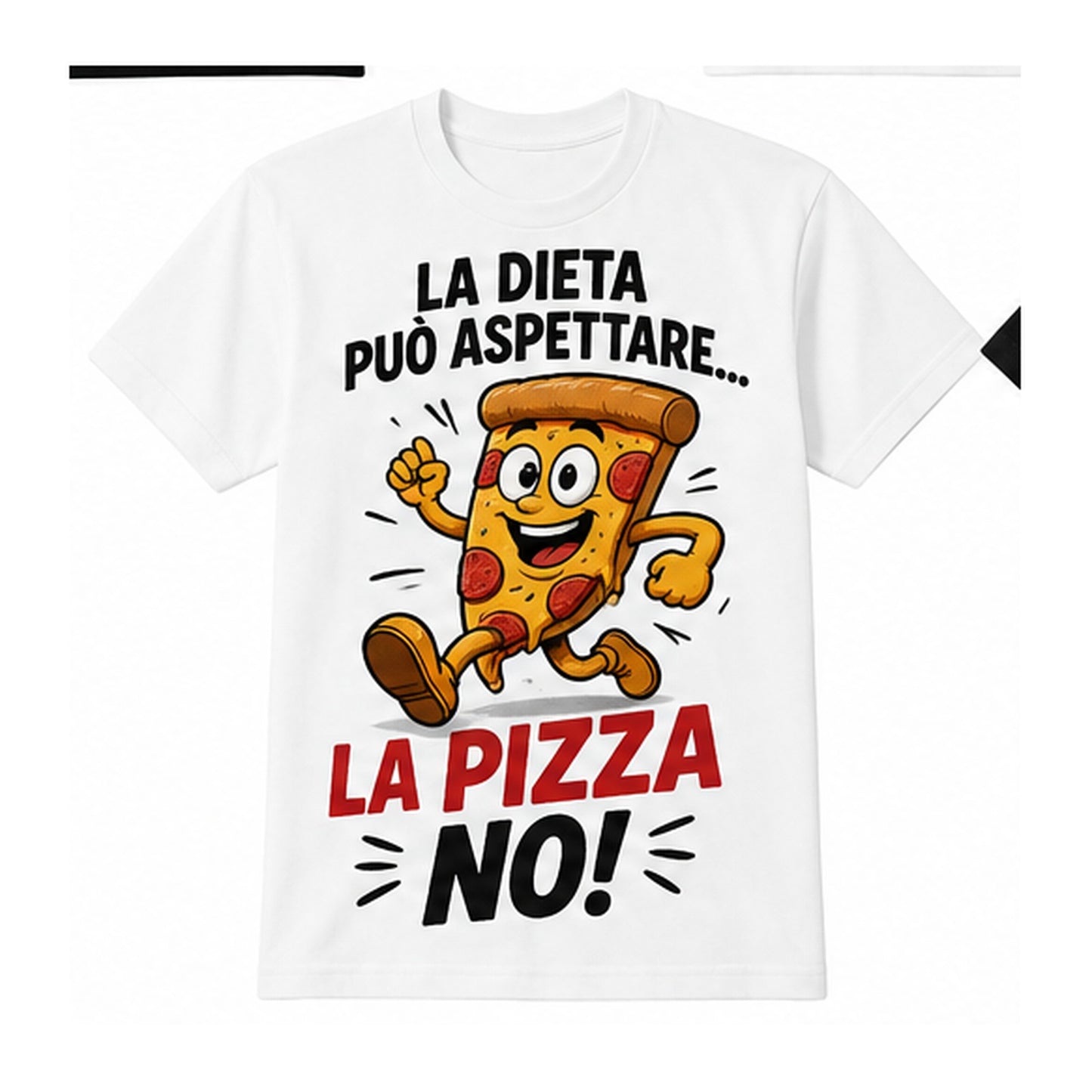 T-shirt bianca con trancio di pizza e scritta La dieta può aspettare, la pizza no
