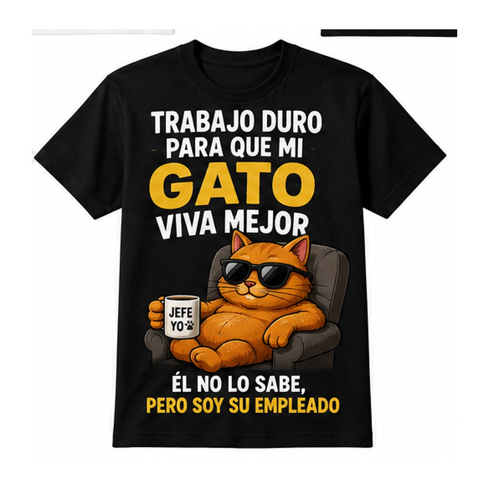 T-shirt nera con gatto in poltrona e scritta Trabajo duro para que mi gato viva mejor
