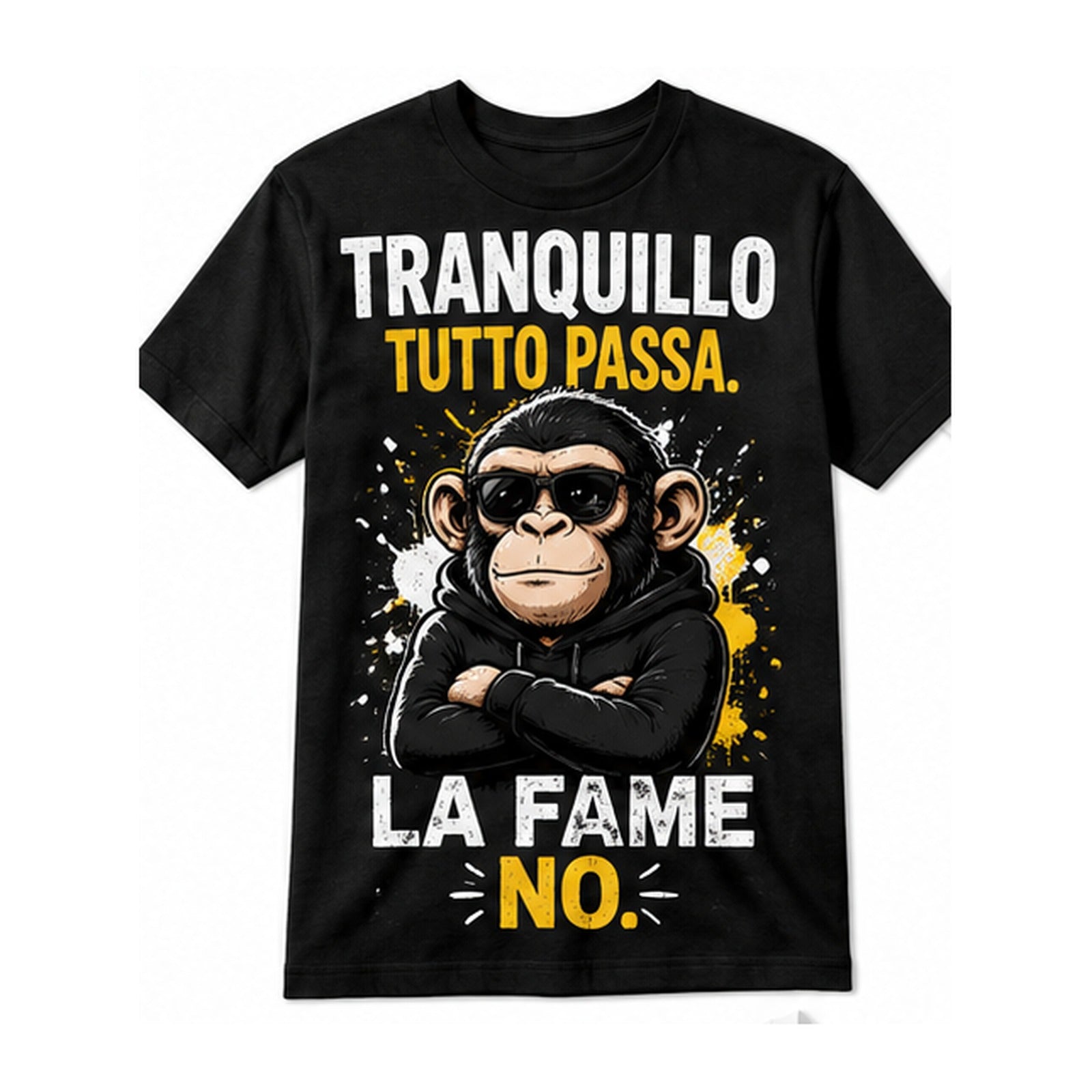 T-shirt nera con scimmia e scritta Tranquillo tutto passa, la fame no