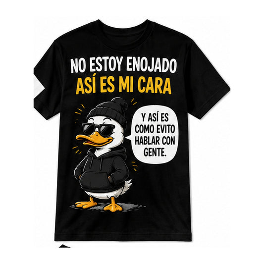 T-shirt nera con papera e scritta No estoy enojado, así es mi cara