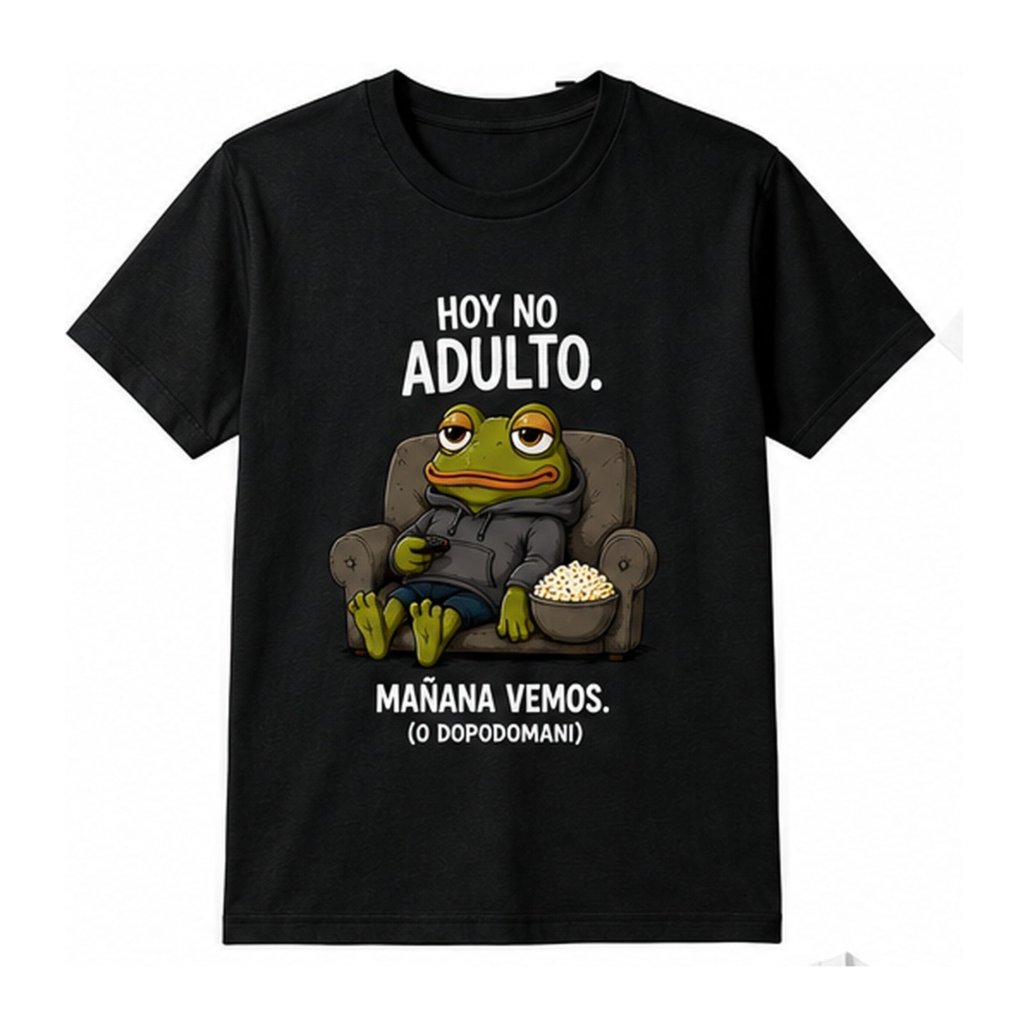T-shirt nera con rana in poltrona e scritta Hoy no adulto, mañana vemos