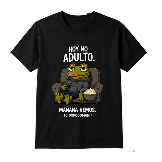 T-shirt nera con rana in poltrona e scritta Hoy no adulto, mañana vemos