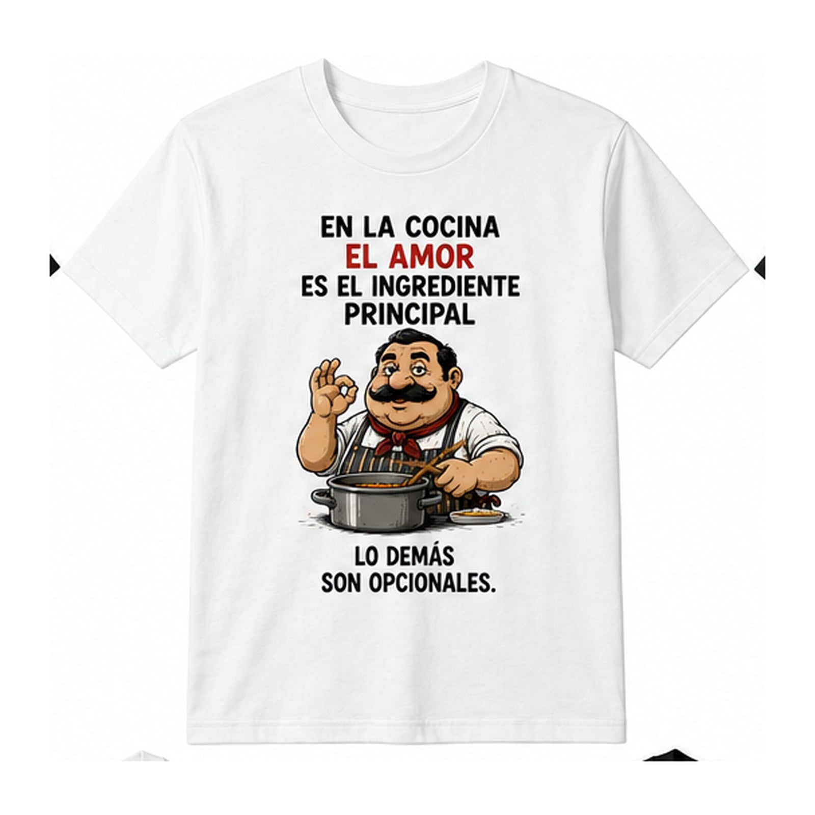 T-shirt bianca con cuoco e scritta En la cocina el amor es el ingrediente principal