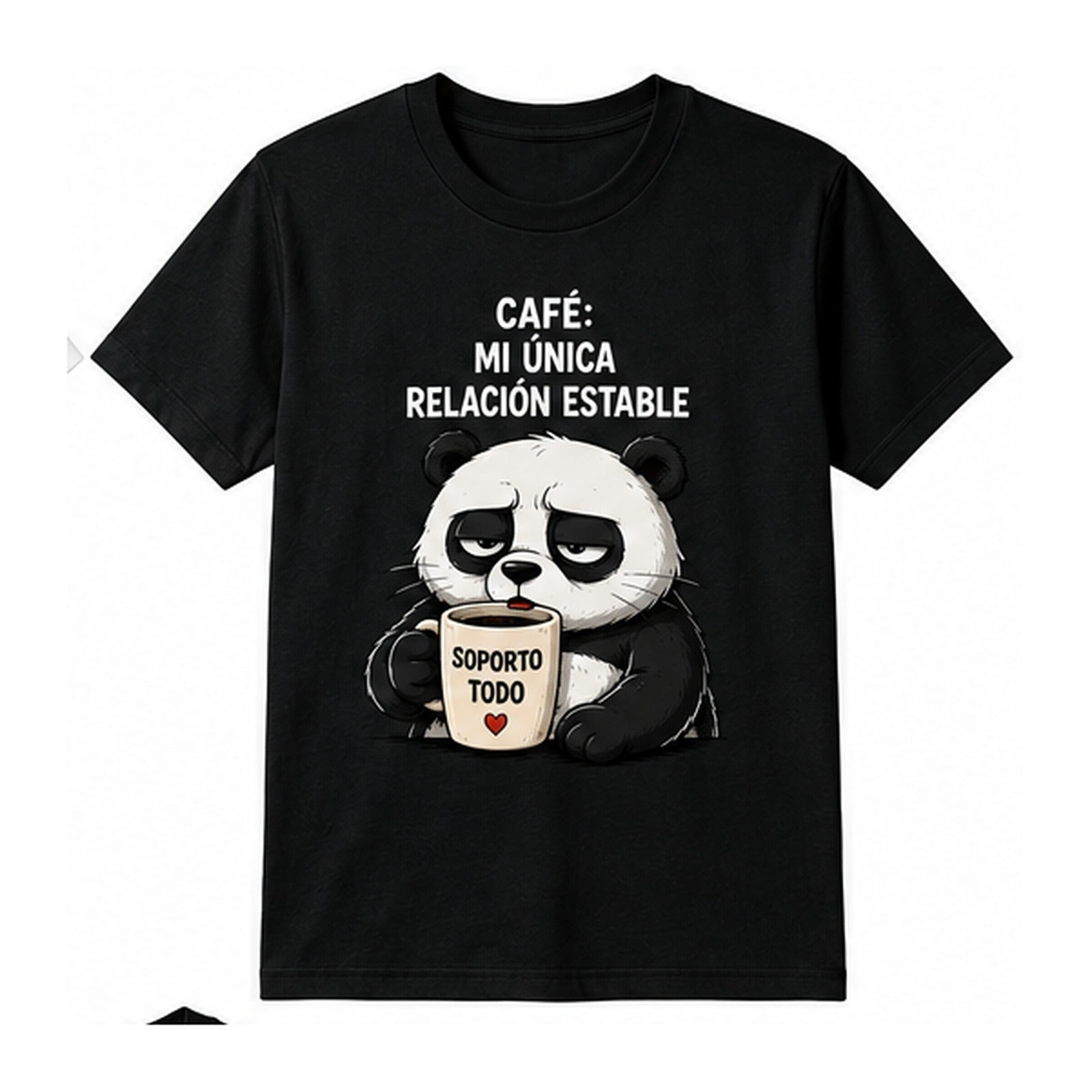 T-shirt nera con panda e tazza, scritta Café mi única relación estable