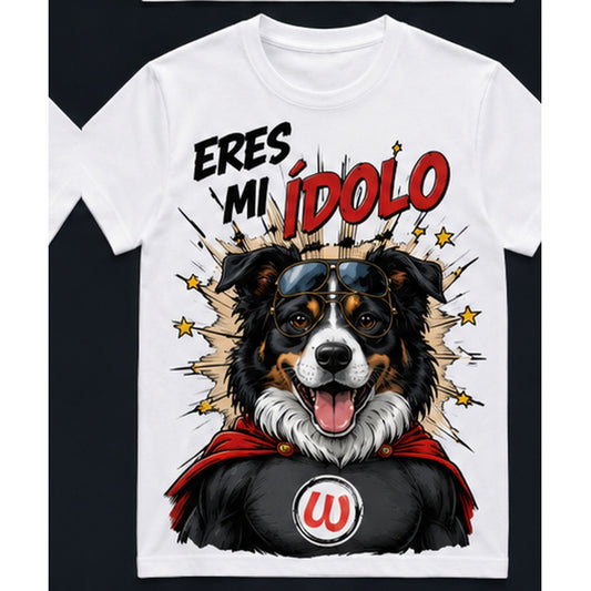 Maglietta bianca con border collie supereroe